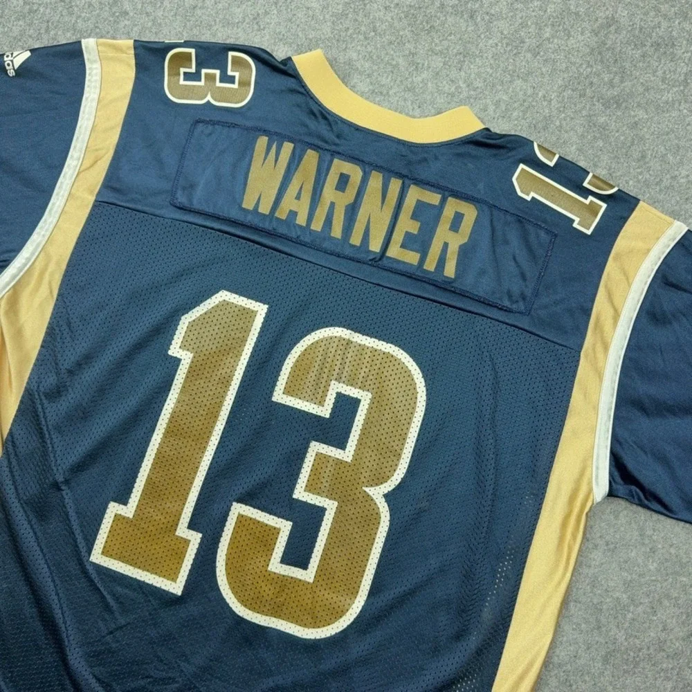 VTG St. Louis Rams Jersey Mens Large Blue Kurt Warner 13 Adidas Football 90s‎